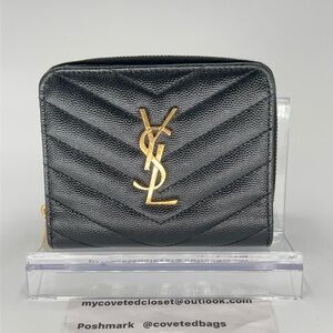 Authentic YSL Black Leather Chevron Pattern Wallet with Gold Logo